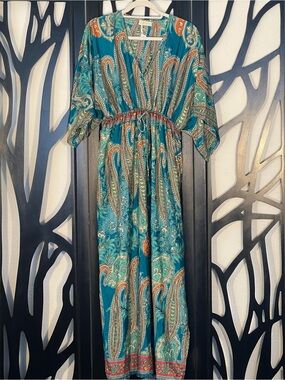 Powell Craft Aspen Women's Maxi Dress Turquoise Paisley Viscose Fabric Batwing S
